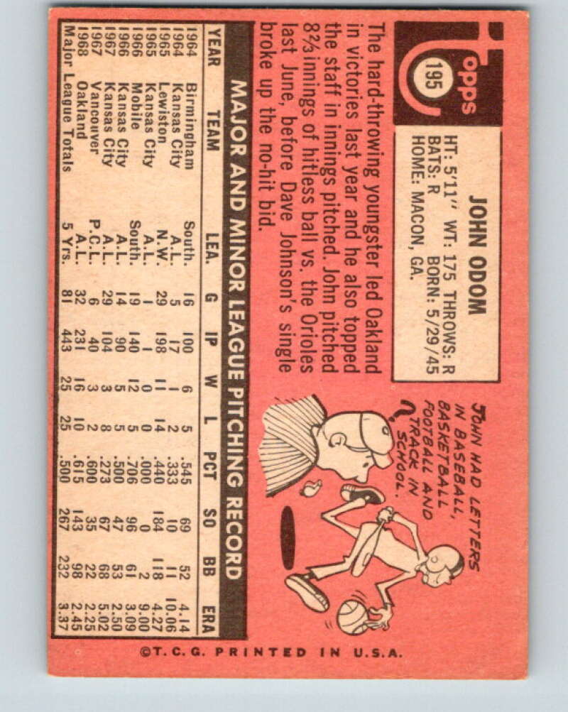 1969 Topps #195 Johnny Odom Oakland Athletics V28584