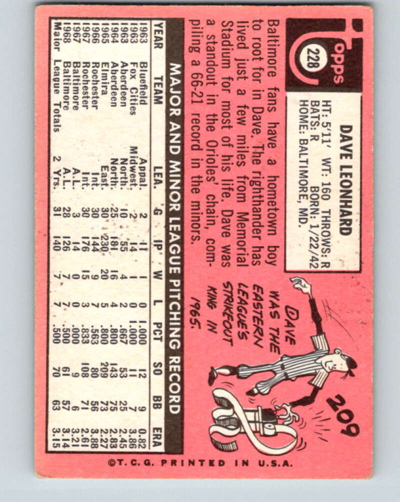 1969 Topps #228 Dave Leonhard Baltimore Orioles V28600