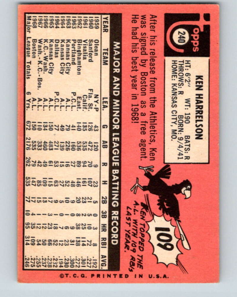 1969 Topps #240 Ken Harrelson Boston Red Sox V28601