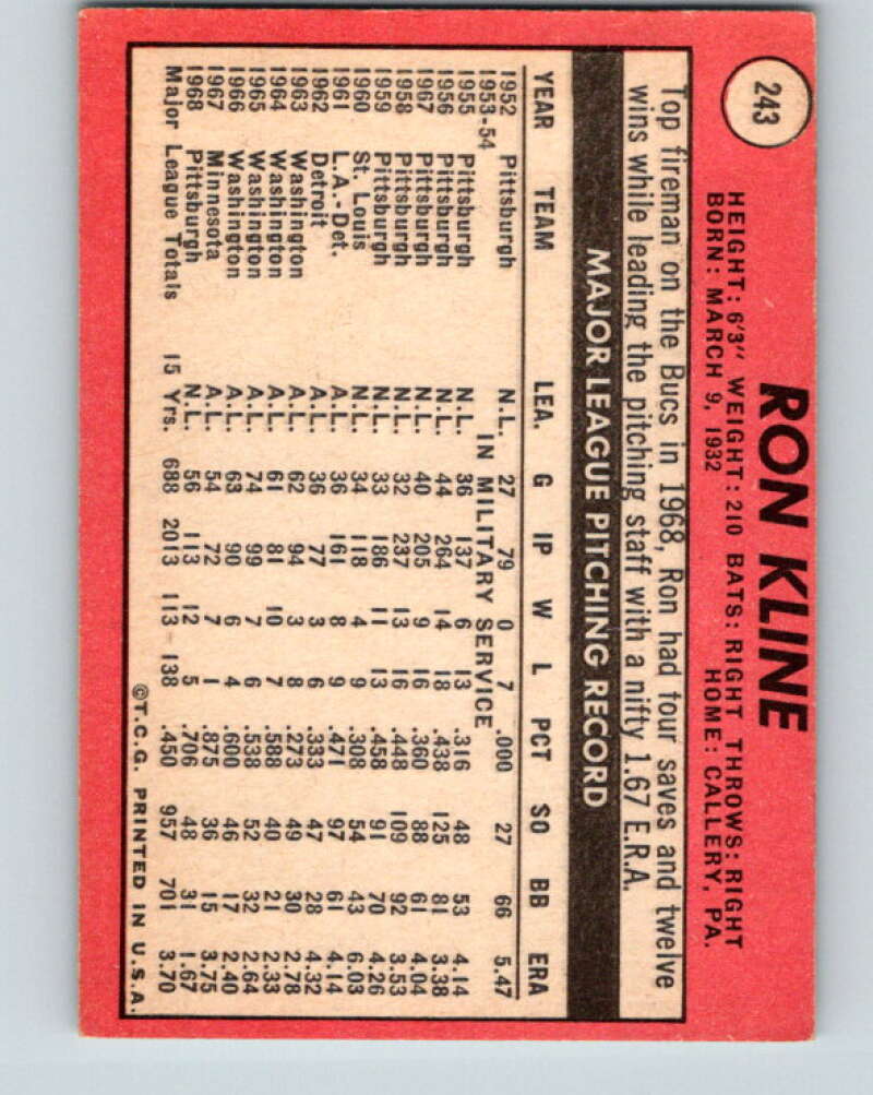 1969 Topps #243 Ron Kline Pittsburgh Pirates V28602