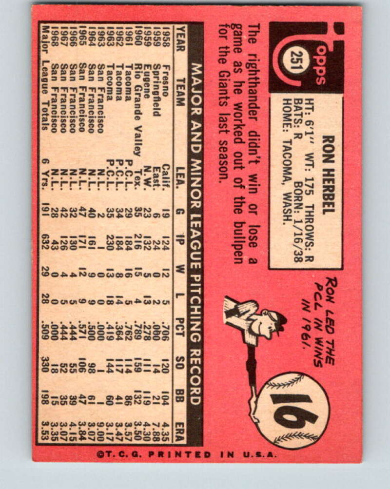 1969 Topps #251 Ron Herbel San Francisco Giants V28605