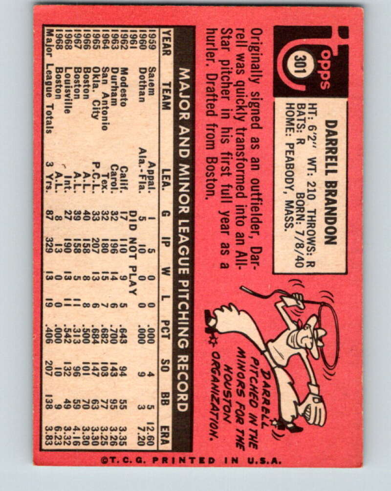 1969 Topps #301 Darrell Brandon Seattle Pilots V28622