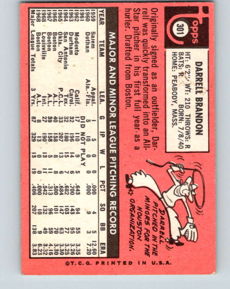 1969 Topps #301 Darrell Brandon Seattle Pilots V28623