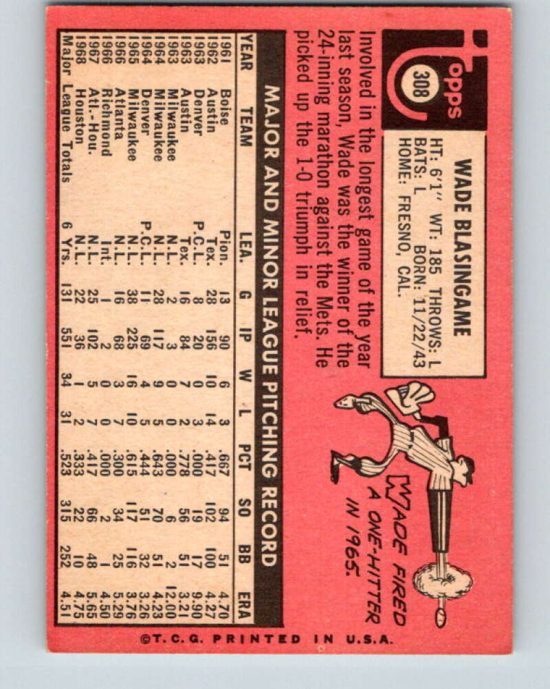 1969 Topps #308 Wade Blasingame Houston Astros V28625