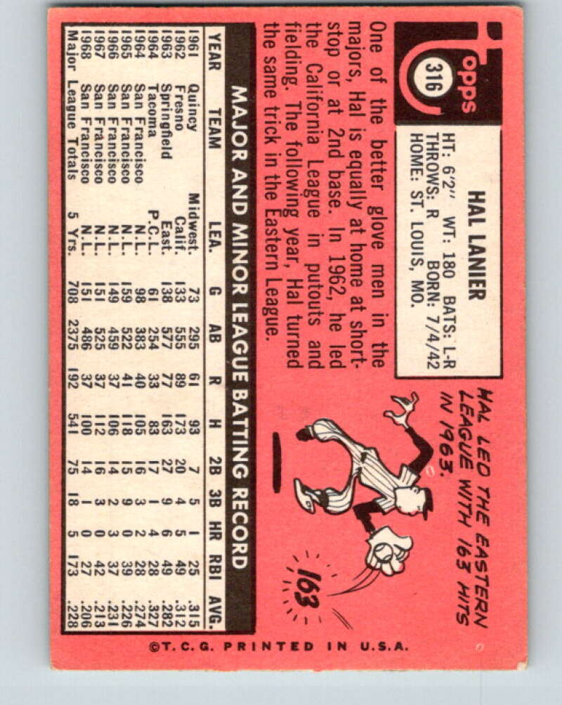 1969 Topps #316 Hal Lanier San Francisco Giants V28626