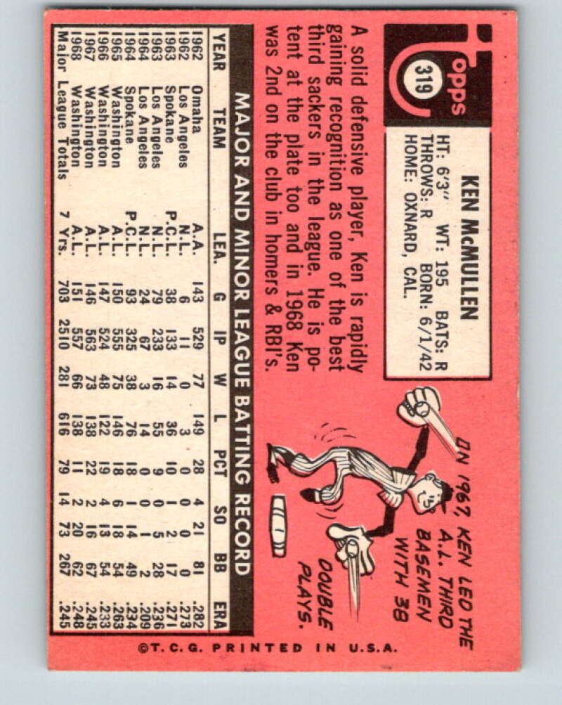 1969 Topps #319 Ken McMullen UER Washington Senators V28631