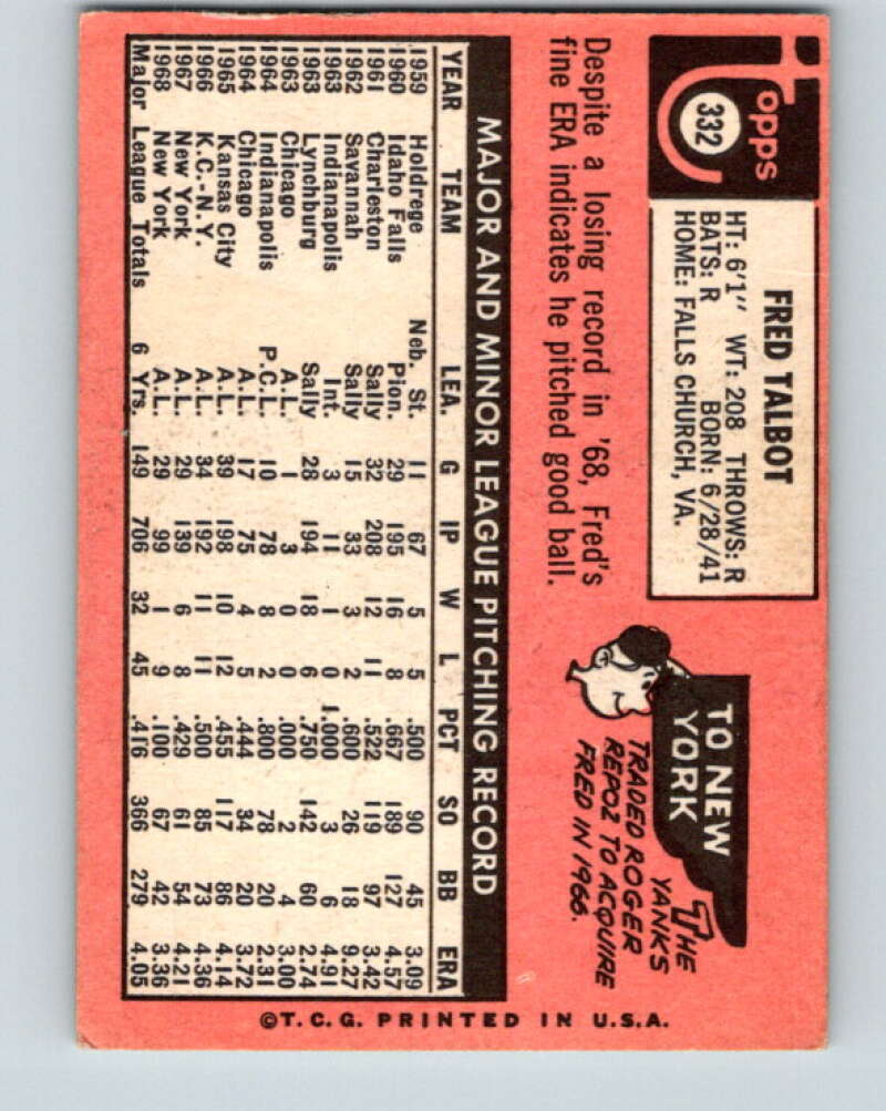 1969 Topps #332 Fred Talbot New York Yankees V28638