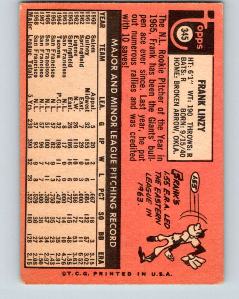1969 Topps #345 Frank Linzy San Francisco Giants V28650