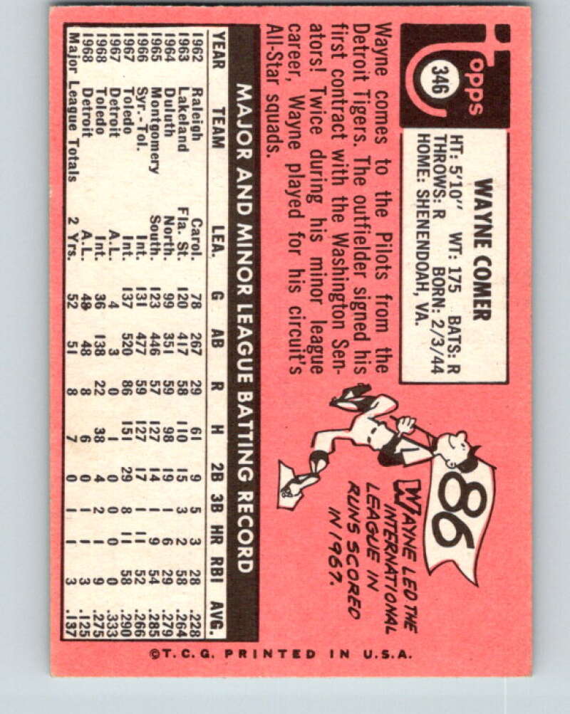 1969 Topps #346 Wayne Comer RC Rookie Seattle Pilots V28651