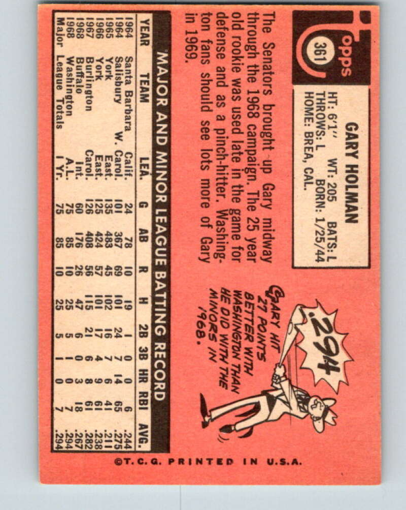 1969 Topps #361 Gary Holman RC Rookie Washington Senators V28663