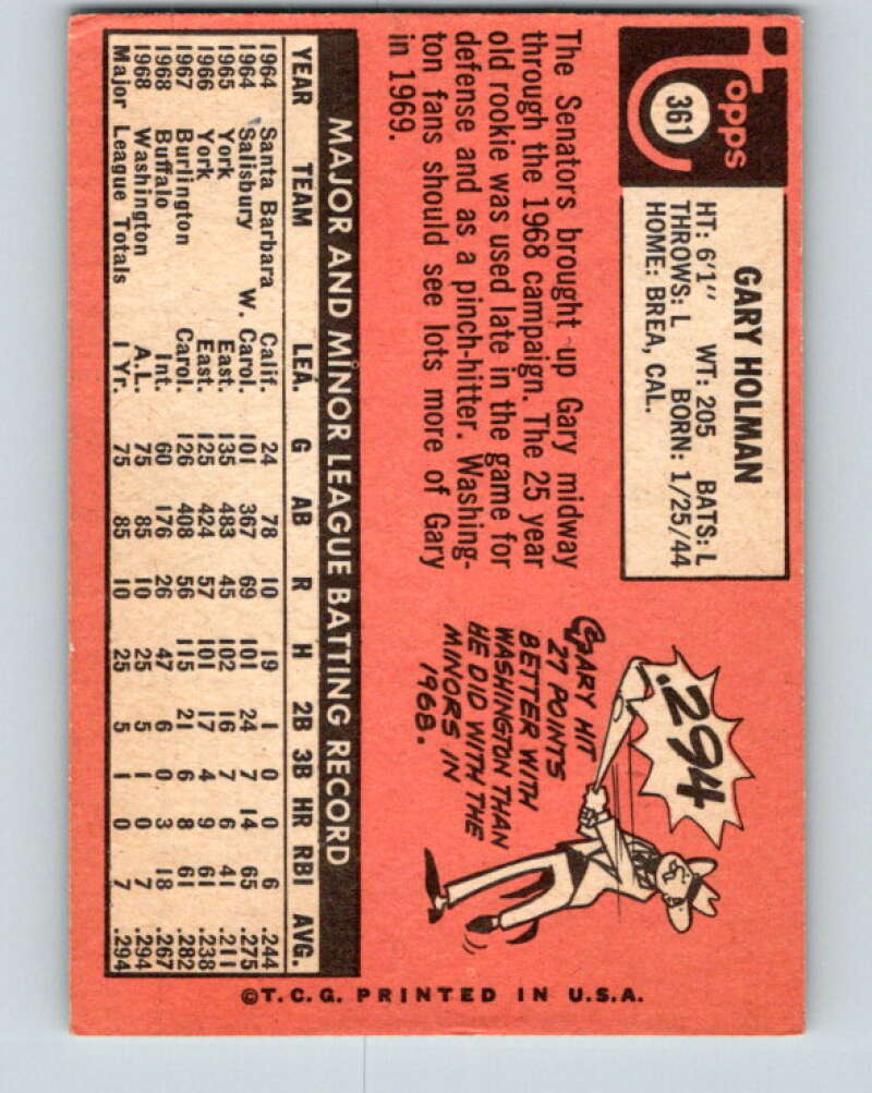 1969 Topps #361 Gary Holman RC Rookie Washington Senators V28664