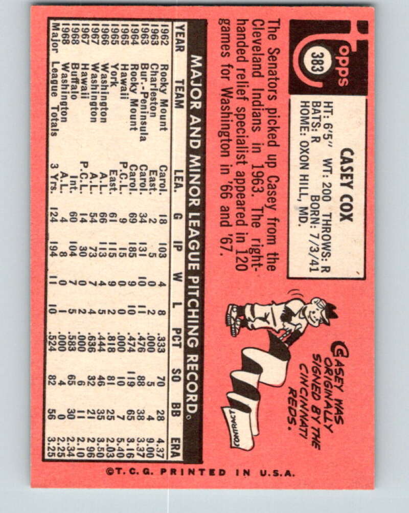 1969 Topps #383 Casey Cox Washington Senators V28679