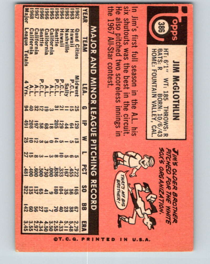 1969 Topps #386 Jim McGlothlin California Angels V28681