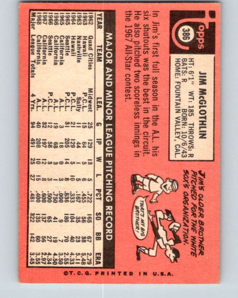 1969 Topps #386 Jim McGlothlin California Angels V28682