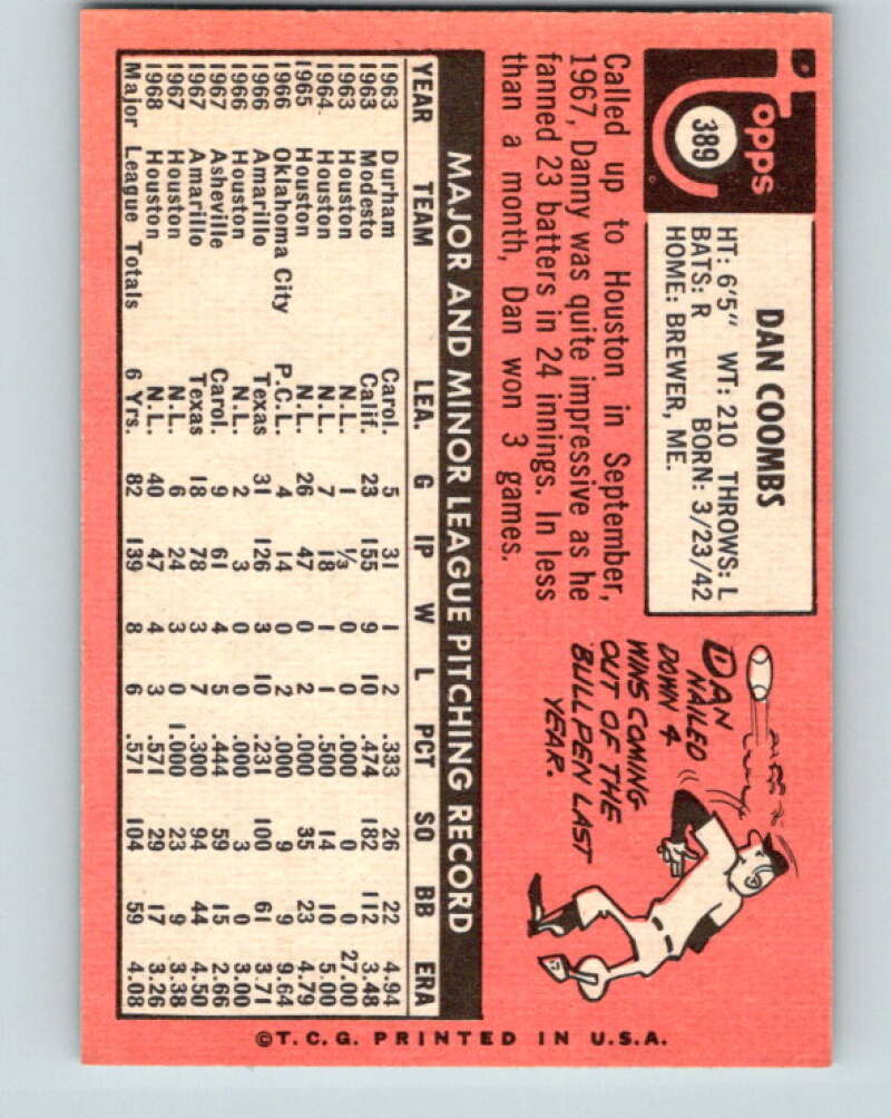 1969 Topps #389 Danny Coombs Houston Astros V28686