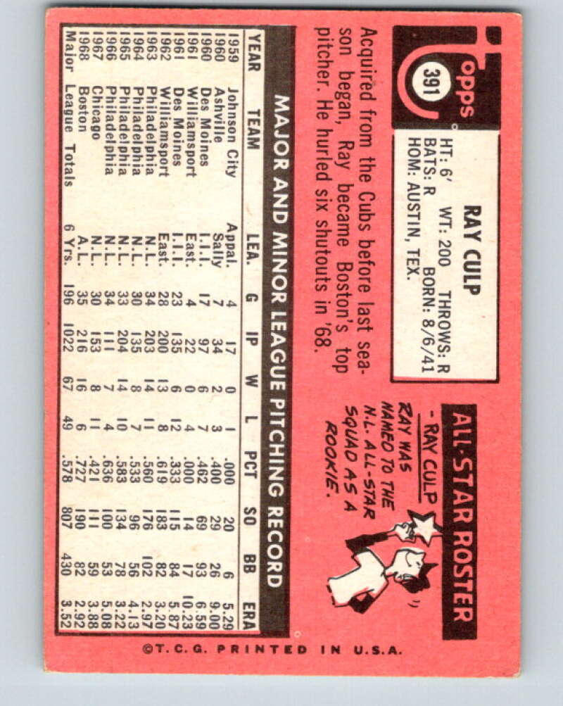 1969 Topps #391 Ray Culp Boston Red Sox V28687