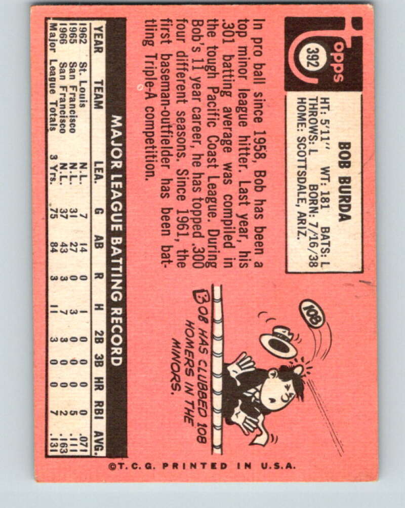 1969 Topps #392 Bob Burda RC Rookie San Francisco Giants V28688