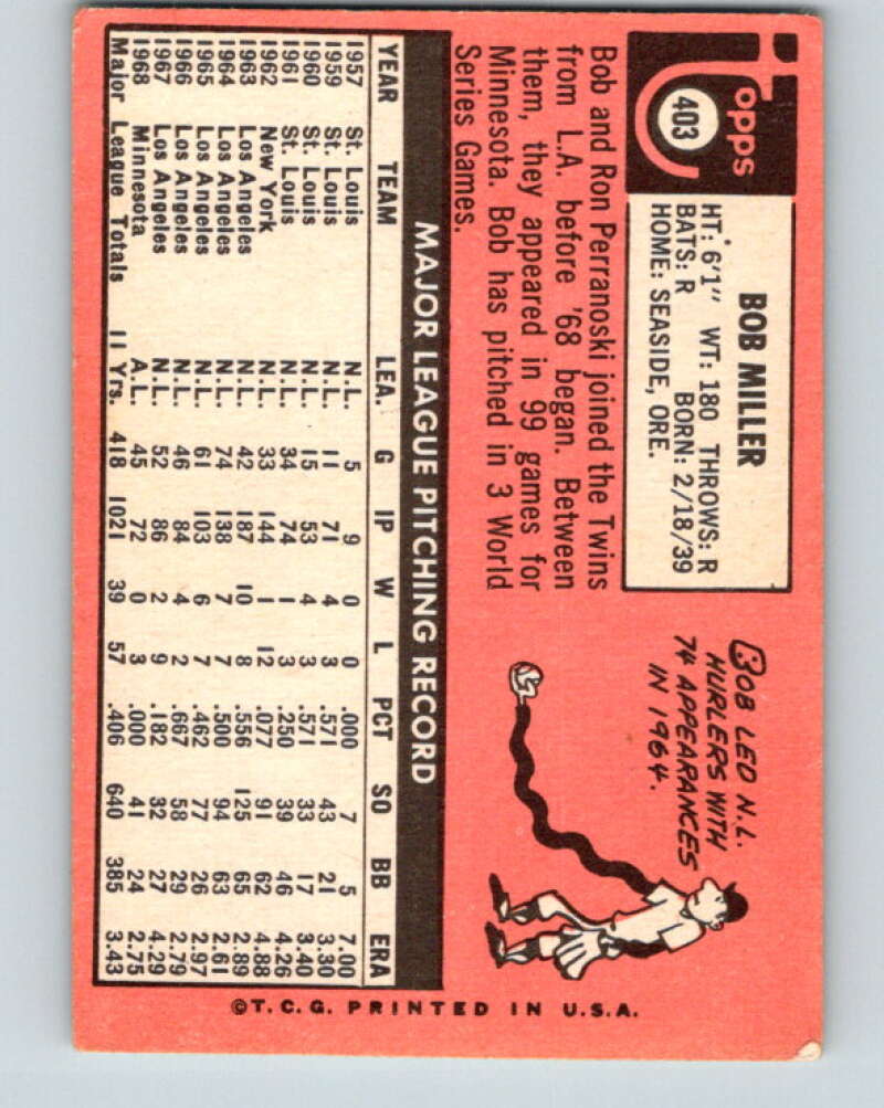 1969 Topps #403 Bob Miller Minnesota Twins V28692