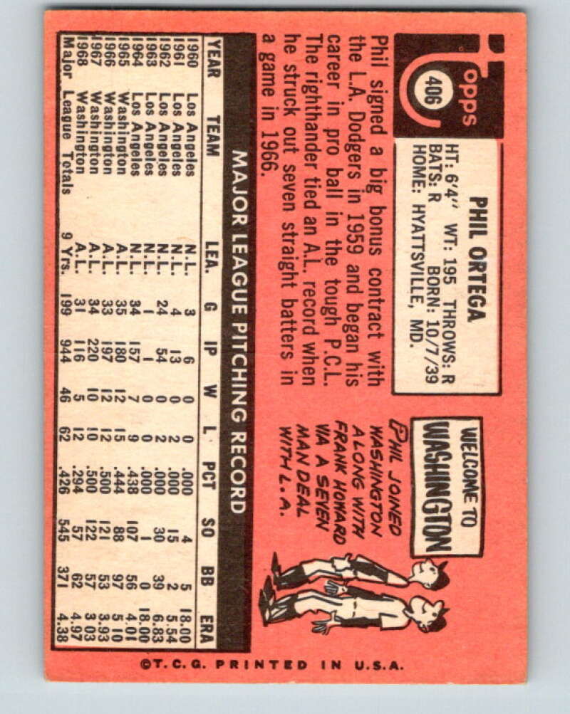 1969 Topps #406 Phil Ortega Washington Senators V28693