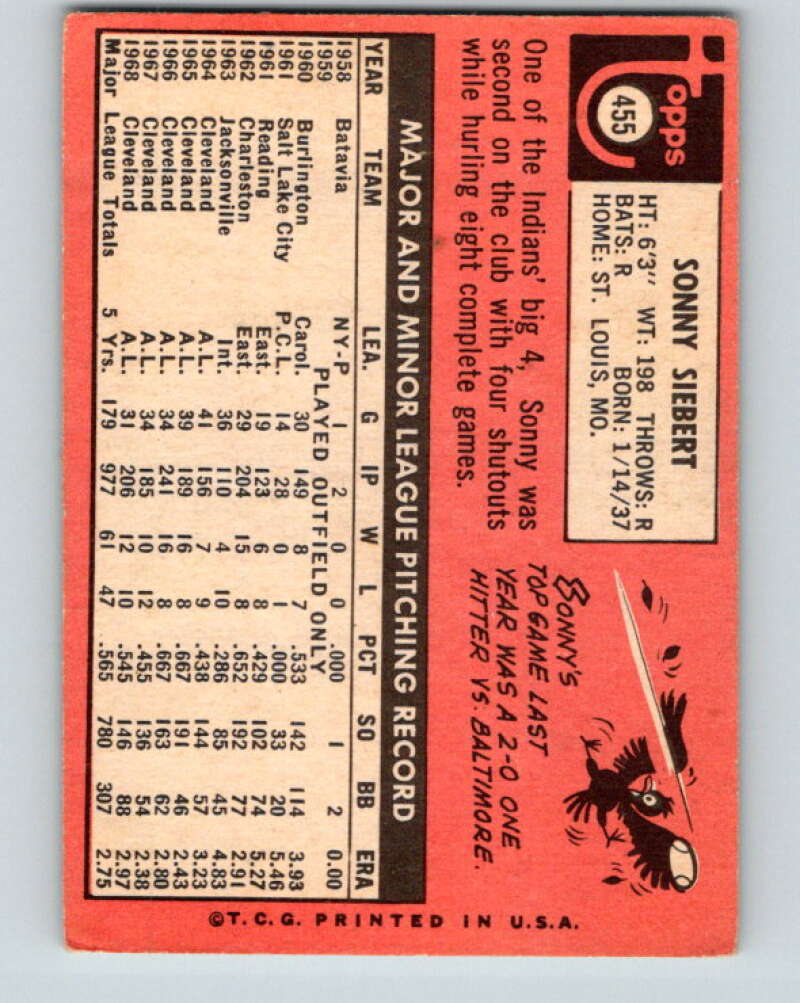 1969 Topps #455 Sonny Siebert Cleveland Indians V28714