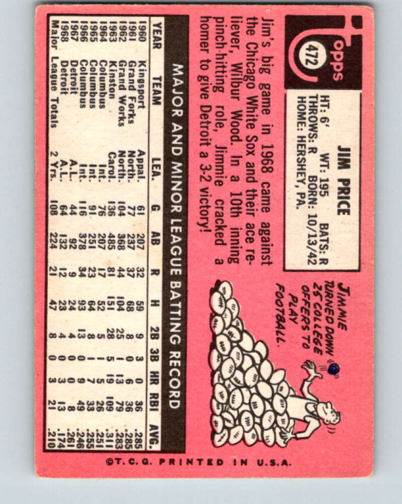 1969 Topps #472 Jim Price Detroit Tigers V28721
