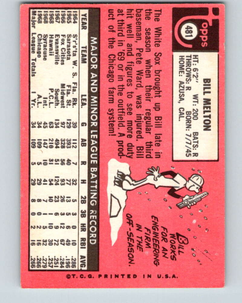 1969 Topps #481 Bill Melton RC Rookie Chicago White Sox V28726