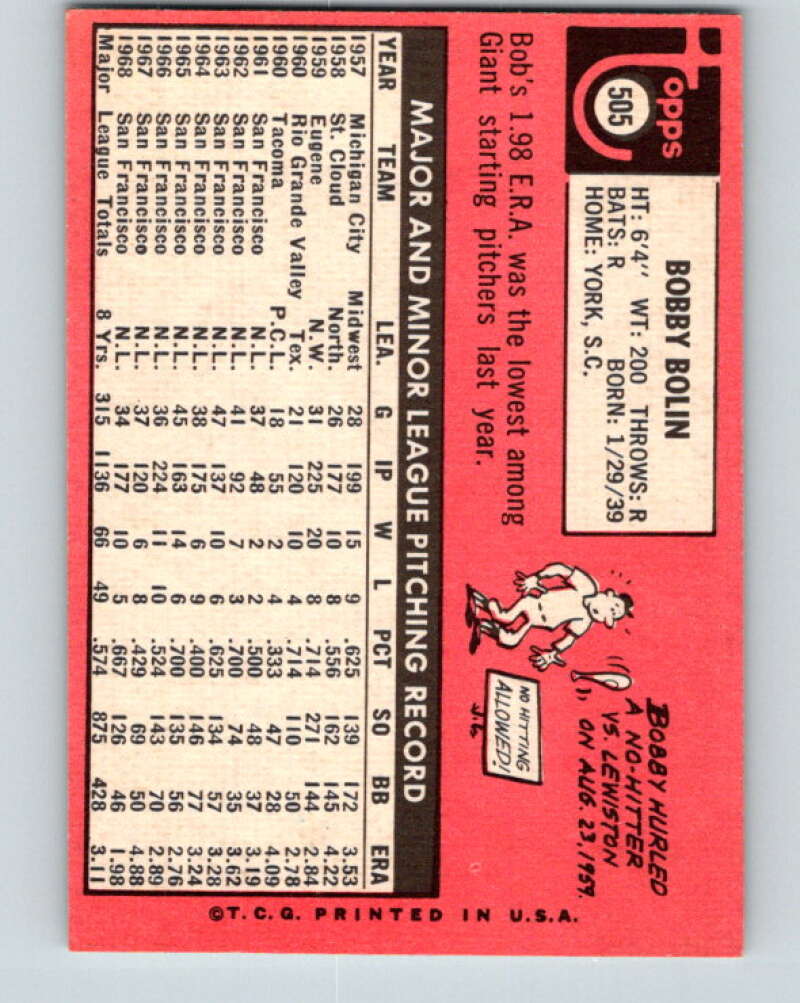 1969 Topps #505 Bobby Bolin San Francisco Giants V28738