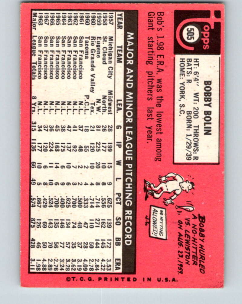 1969 Topps #505 Bobby Bolin San Francisco Giants V28739