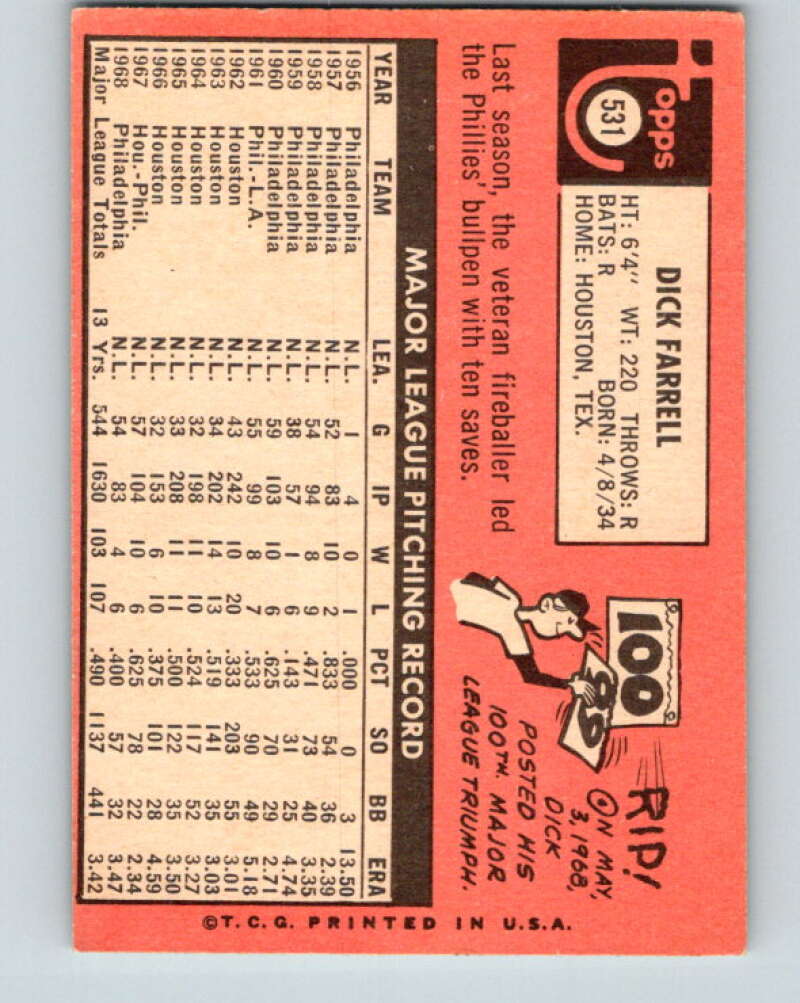 1969 Topps #531 Dick Farrell Philadelphia Phillies V28751