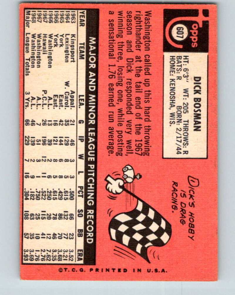 1969 Topps #607 Dick Bosman Washington Senators V28766