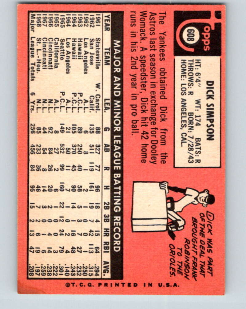 1969 Topps #608 Dick Simpson New York Yankees V28767
