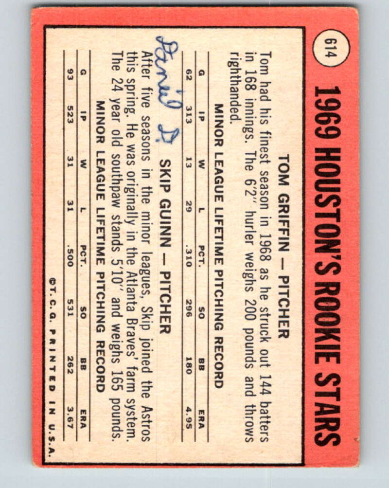 1969 Topps #614 Griffin/Guinn Astros Rookies RC Rookie V28769