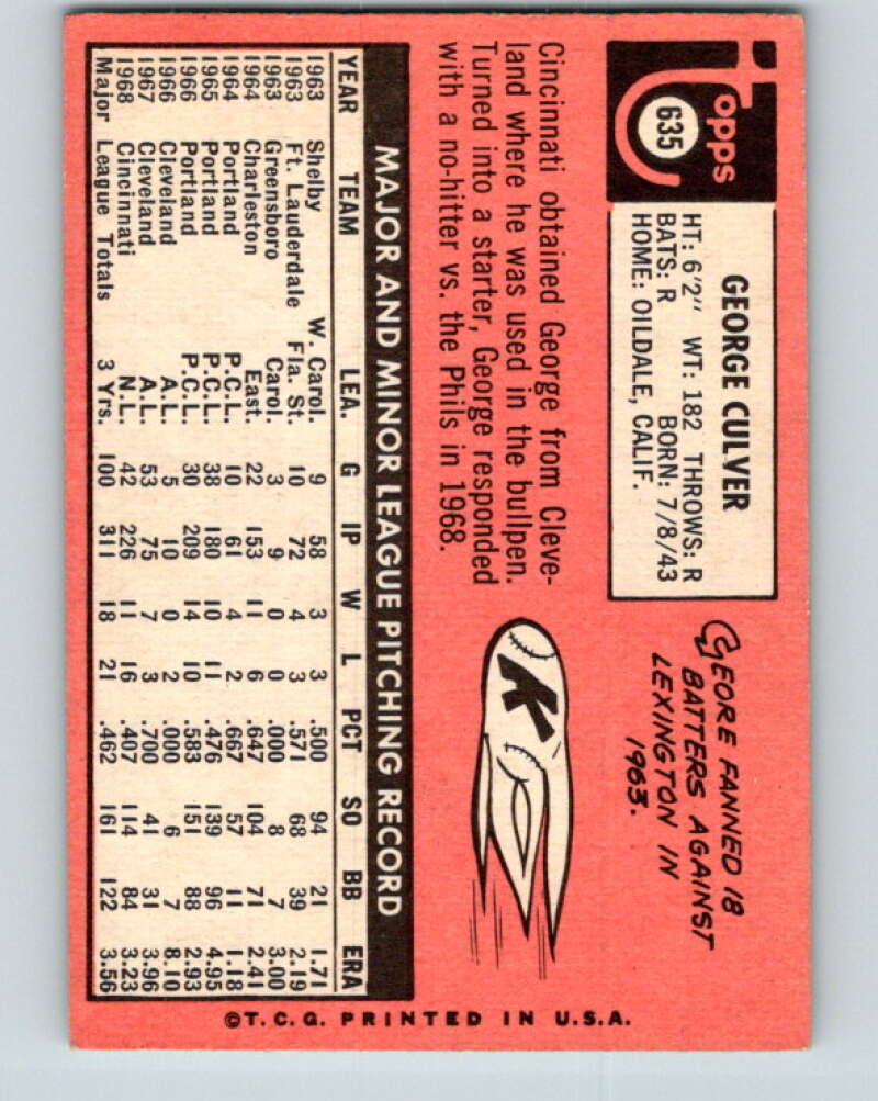 1969 Topps #635 George Culver Cincinnati Reds V28776