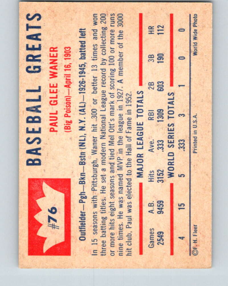 1960 Fleer #76 Paul Waner DP Pittsburgh Pirates V28784
