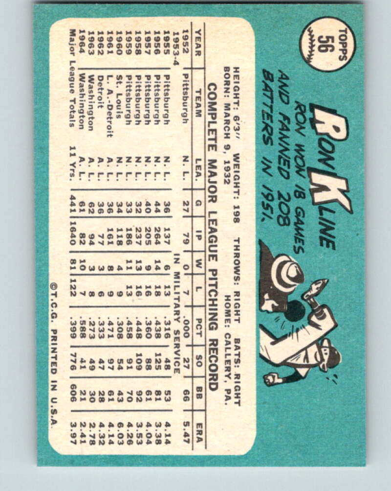 1965 Topps #56 Ron Kline Washington Senators V28793