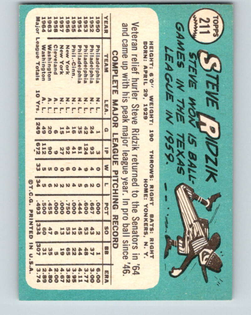 1965 Topps #211 Steve Ridzik Washington Senators V28798