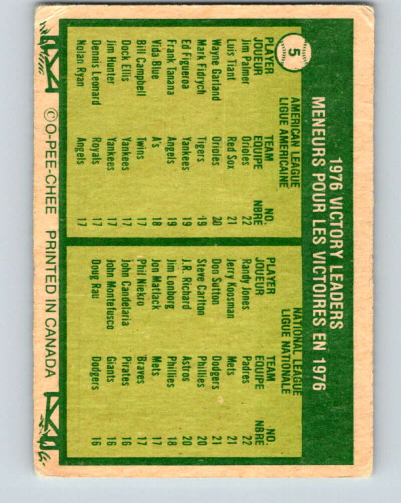 1977 O-Pee-Chee #5 Palmer/ Jones Victory Leaders LL V28817