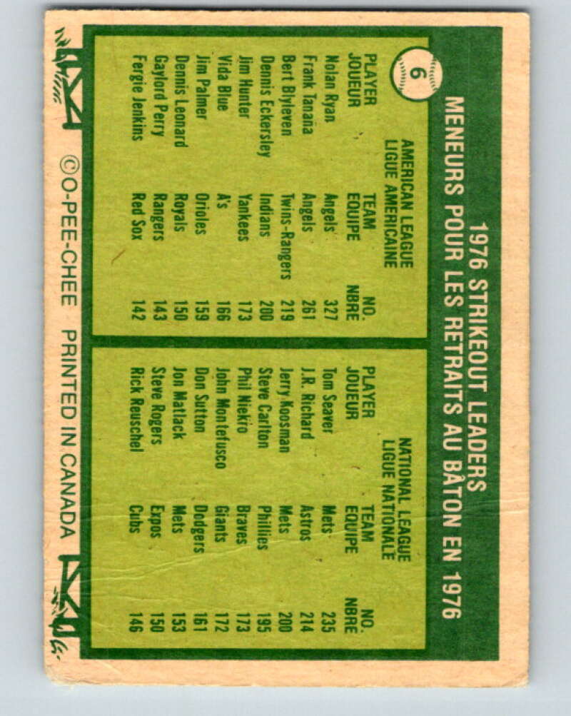 1977 O-Pee-Chee #6 Ryan/Seaver Strikeout Leaders LL V28819