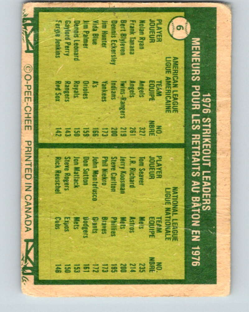 1977 O-Pee-Chee #6 Ryan/Seaver Strikeout Leaders LL V28820
