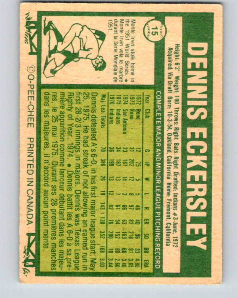 1977 O-Pee-Chee #15 Dennis Eckersley Cleveland Indians V28839