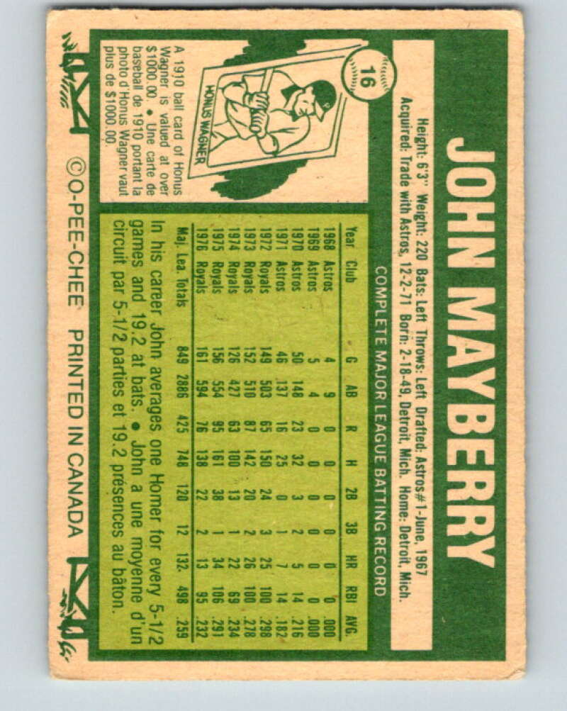 1977 O-Pee-Chee #16 John Mayberry Kansas City Royals V28840