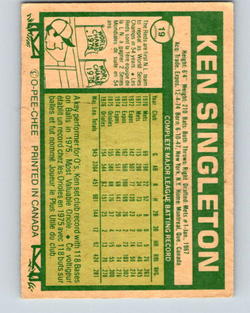 1977 O-Pee-Chee #19 Ken Singleton Baltimore Orioles V28845