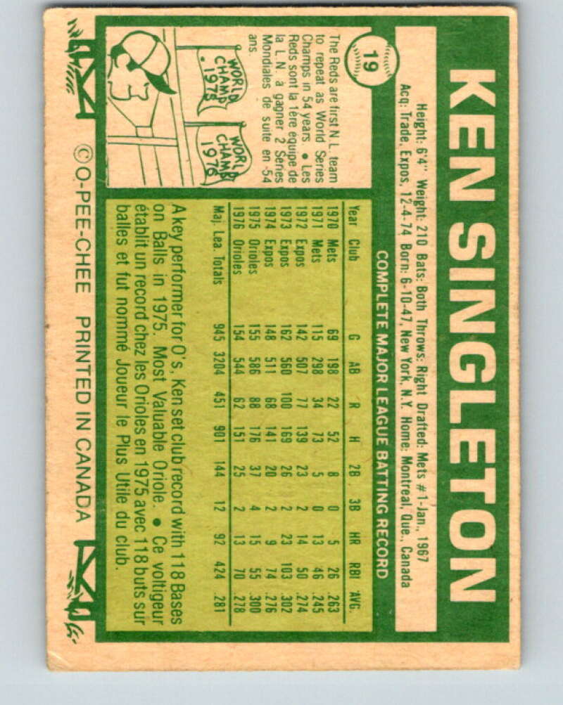 1977 O-Pee-Chee #19 Ken Singleton Baltimore Orioles V28847