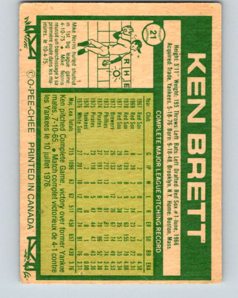 1977 O-Pee-Chee #21 Ken Brett Chicago White Sox V28849