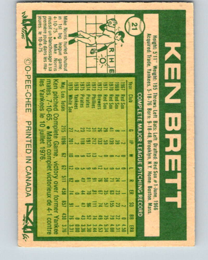1977 O-Pee-Chee #21 Ken Brett Chicago White Sox V28850