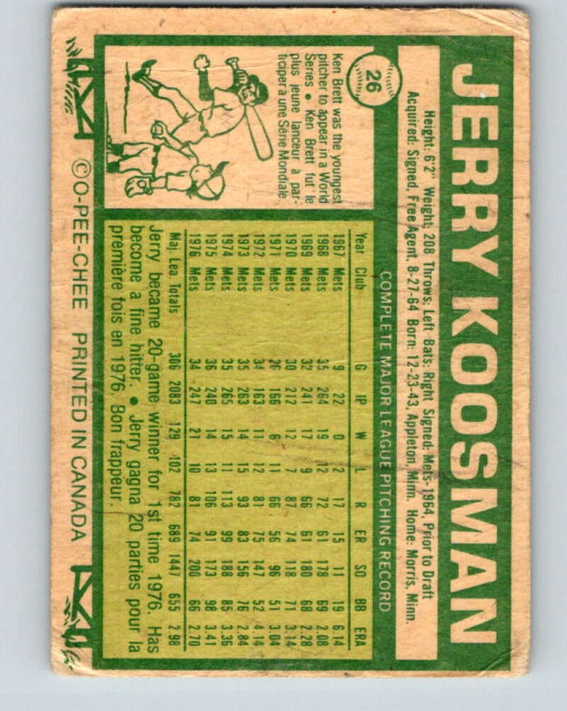 1977 O-Pee-Chee #26 Jerry Koosman New York Mets V28863