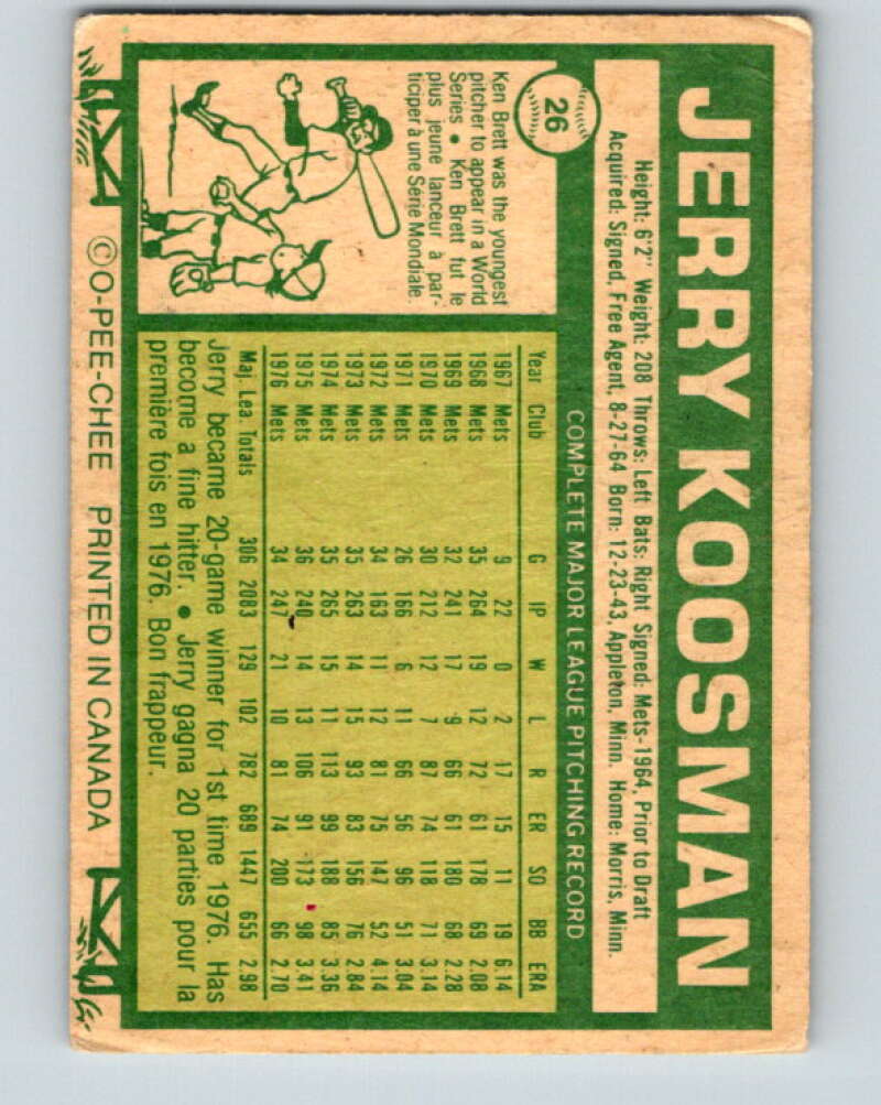 1977 O-Pee-Chee #26 Jerry Koosman New York Mets V28864
