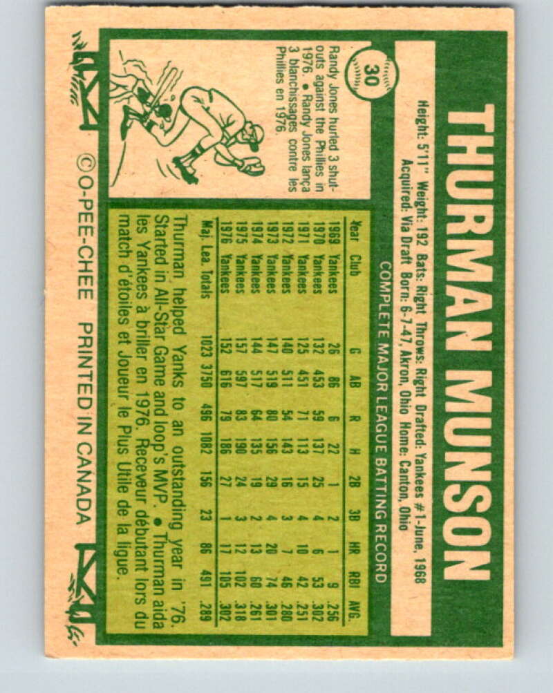 1977 O-Pee-Chee #30 Thurman Munson New York Yankees V28868