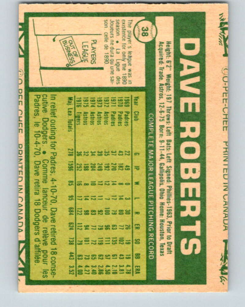 1977 O-Pee-Chee #38 Dave Roberts Detroit Tigers V28885