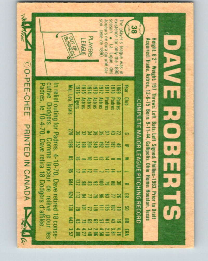 1977 O-Pee-Chee #38 Dave Roberts Detroit Tigers V28886